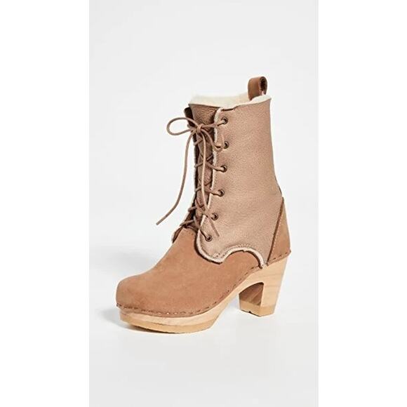 No. 6 Suede Fur‎ High Heel Lace Up Shearling Boots Tan & Brown Size 38 (US 7.5) - Picture 1 of 13